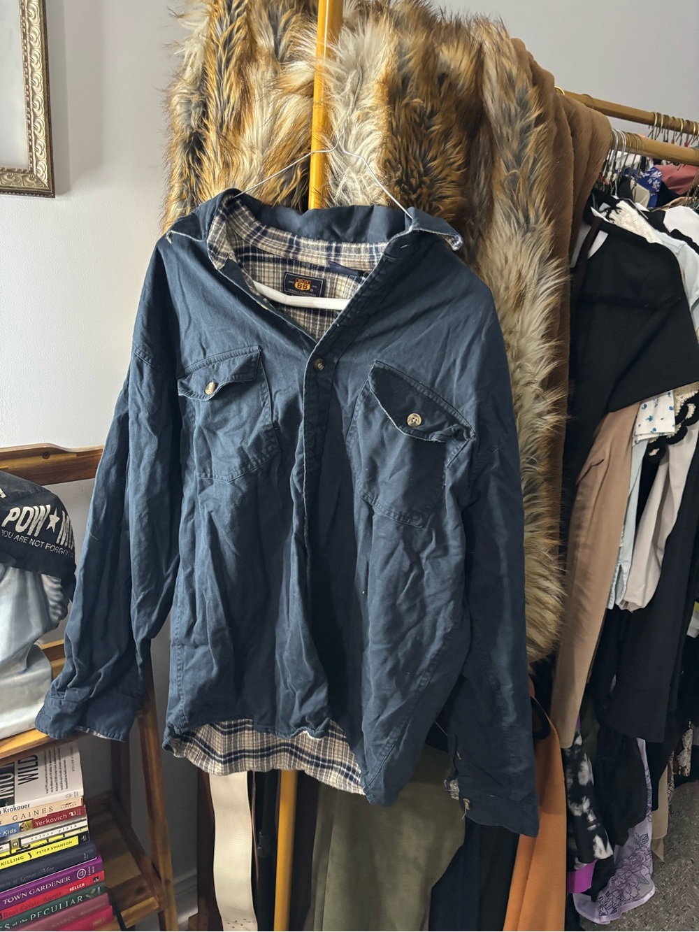 Route 66 Navy Hooded Button-Up Jacket with Plaid Lining